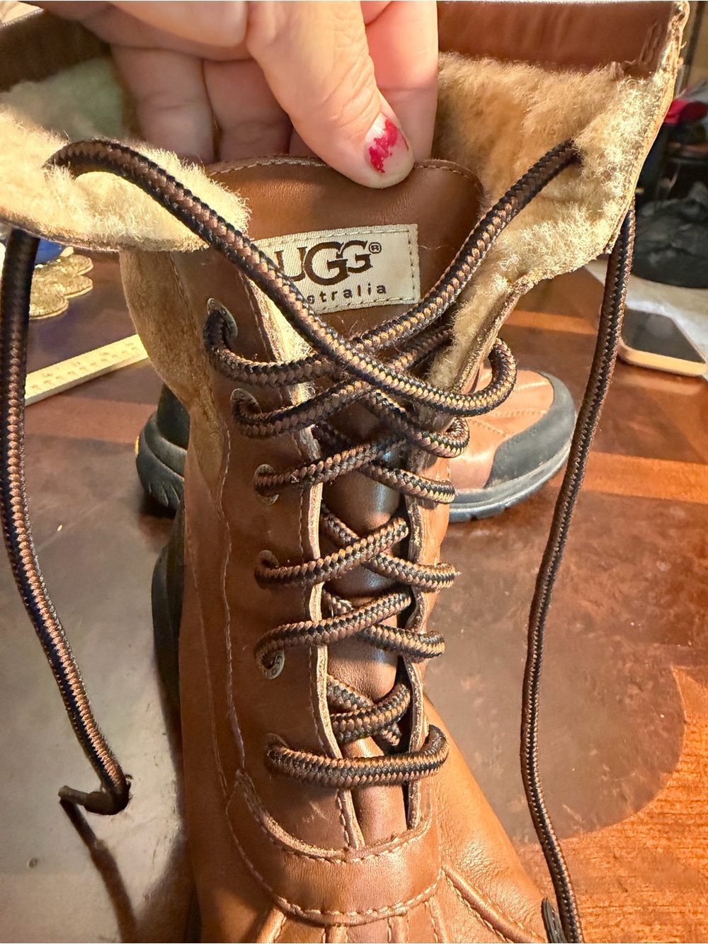UGG Brown and Tan Lace-Up Leather Winter Boots - Picture 3 of 7